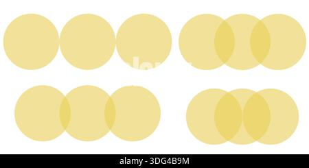 Yellow circle venn diagram sequence with overlapping sections in soft tones vector infographic for data chart model balance intersect rounded Stock Vector