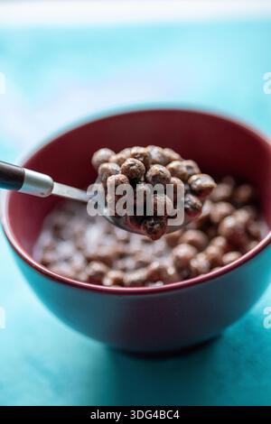Close-up of crunchy chocolate corn flakes cereal with fresh white milk in a bowl Stock Photo