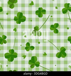 Clover leaves on green checkered background seamless pattern. Lucky shamrock symbol or Saint Patrick Day backdrop. Vector illustration. Stock Vector