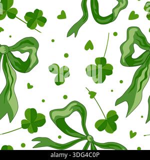 Cheerful seamless pattern of green ribbon bows, shamrock leaves, and hearts, perfect for St. Patrick s Day, Spring, or fresh nature designs. Vector Stock Vector