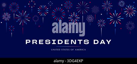 President's Day banner with blue and red fireworks border, happy Presidents Day design template with typography text and fireworks background Stock Vector