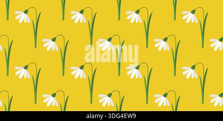 Snowdrops on yellow background seamless pattern. Bright floral print for textiles, packaging, wallpaper, tiles, and design, vector graphic Stock Vector