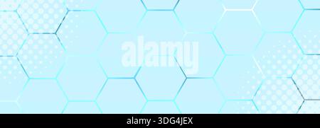 Light blue hexagonal abstract technology background with blue colored bright flashes under hexagon. Honeycomb medical banner vector tech wide Stock Vector