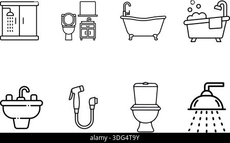 A collection of clean line art icons representing essential bathroom fixtures including showers, sinks, toilets, and bathtubs. Stock Vector