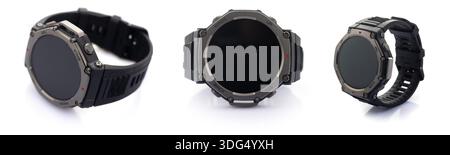 Modern digital smart watch with touch screen isolated on white background. Electronics and modern technologies. Stock Photo