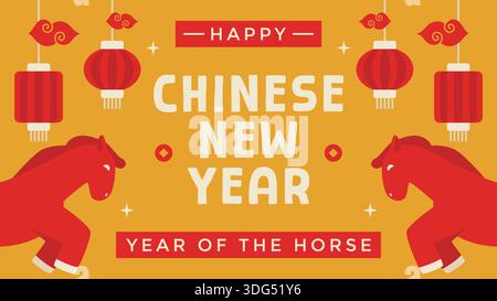 Chinese New Year greeting design featuring red horses, traditional lanterns, and red clouds set against a yellow backdrop. Stock Vector