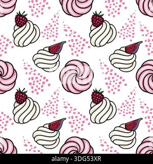 Whimsical seamless vector pattern of fluffy meringue swirls with fresh raspberries and fig slices, set against a backdrop of scattered pink dots. Stock Vector