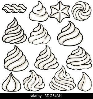 Set of delicious whipped cream swirls vector illustrations, isolated on white background Stock Vector
