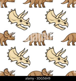 Seamless vector pattern of cute cartoon dinosaurs and their fossilized skulls, perfect for kids' designs Stock Vector