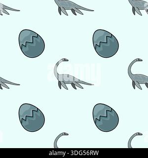Seamless vector pattern of cute plesiosaur dinosaurs and cracked eggs on a pale blue background. Stock Vector