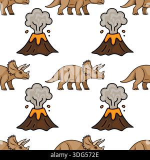 Seamless vector pattern of cute cartoon dinosaurs and erupting volcanoes, perfect for kids' designs Stock Vector