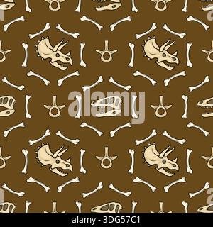 Seamless vector pattern of dinosaur skeletons and bones on a brown background Stock Vector