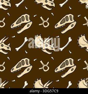 Seamless vector pattern of cartoon dinosaur skulls and bones on brown background Stock Vector