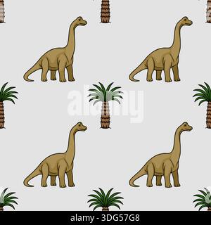 Seamless vector pattern of cartoon dinosaurs and palm trees on a light grey background Stock Vector