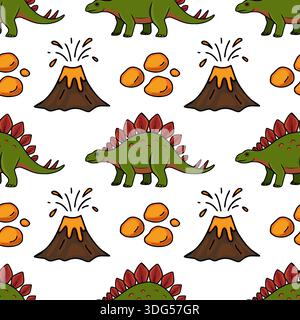 Seamless vector pattern of cute green dinosaurs, erupting volcanoes, and orange pebbles on a white background. Stock Vector