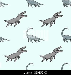 Cute cartoon plesiosaur and mosasaurus seamless pattern vector illustration Stock Vector