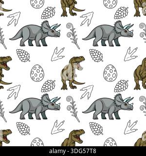 Adorable dinosaur vector pattern with triceratops, t-rex, eggs, footprints, and pinecones Stock Vector