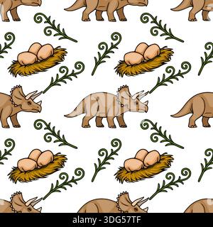 Adorable Triceratops dinosaur and nest with eggs seamless pattern vector illustration, prehistoric nature background Stock Vector