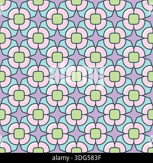 Little stars geometry line tiles seamless pattern. Blue purple cartoon outline lattice retro midcentury shapes wallpaper Stock Vector