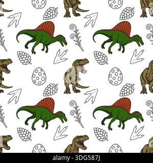 Seamless vector pattern of cute cartoon dinosaurs, footprints, eggs, and prehistoric plants Stock Vector