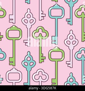 Seamless vector pattern with cute cartoon Keys. Pastel pink Texture for textile, wallpaper and backdrop Stock Vector