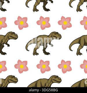 Seamless vector pattern with cartoon T-Rex dinosaurs and pink flowers on white background Stock Vector