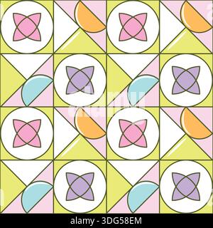Abstract shapes geometry line tiles seamless pattern. Lime green, purple cartoon outline lattice retro midcentury shapes wallpaper Stock Vector