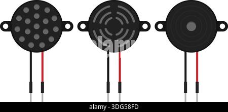 Piezo buzzer component set on transparent background. Electronic sounder icons with connecting wires Stock Vector
