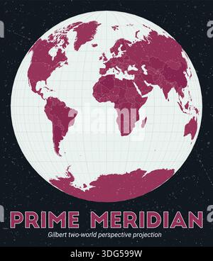 Prime Meridian. World map. Gilbert two-world perspective projection centered to Prime Meridian. Pale Mint Dark Pink palette. Vintage texture. Stock Vector