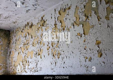 Detailed shot of cracked and peeling paint inside a forgotten building, evoking textures of time and neglect Stock Photo