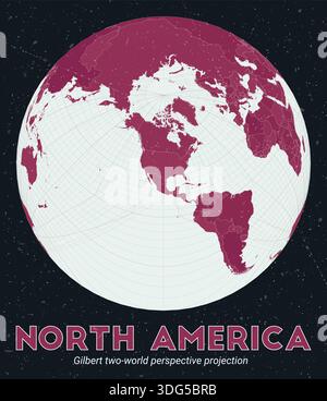 North America. World map. Gilbert two-world perspective projection centered to North America. Pale Mint Dark Pink palette. Vintage texture. Stock Vector