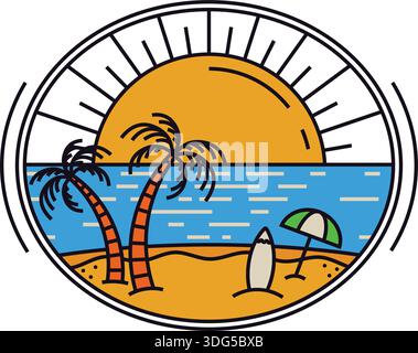Beach illustration monoline or line art style, design can be for t shirts, sticker, printing needs Pro Vector Stock Vector