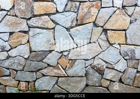 Natural stone wall with irregular rock pattern, ideal as an architectural or rustic background Stock Photo