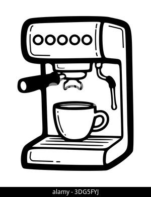 A professional minimalist line art vector illustration of a modern espresso coffee machine featuring a portafilter and a steaming wand. Stock Vector