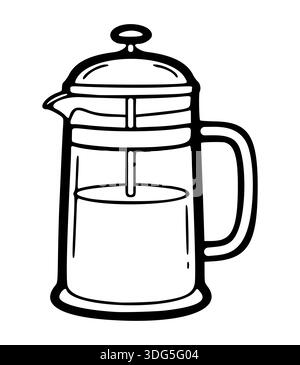 A minimalist black and white line art vector of a classic French press coffee maker, also known as a cafetière. Stock Vector