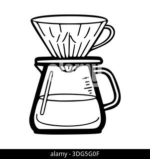 A clean and minimalist black and white line art illustration of a manual pour-over coffee brewing set, featuring a ceramic or glass dripper. Stock Vector