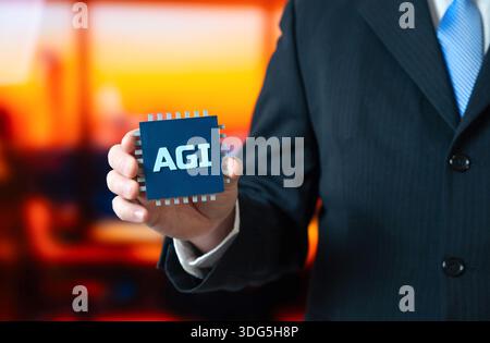 New computer chips AGI. Artificial General Intelligence. Breakthrough semiconductor technologies enabling advanced computing, machine learning evoluti Stock Photo