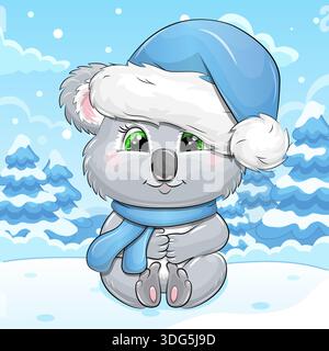 Cute cartoon Koala with hat and scarf in winter. Vector Illustration of Animal in nature on a blue background with snow. Stock Vector