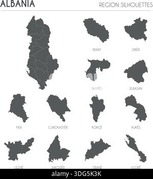 Albania region silhouettes set and blank map of the country isolated on white background. Vector illustration design Stock Vector