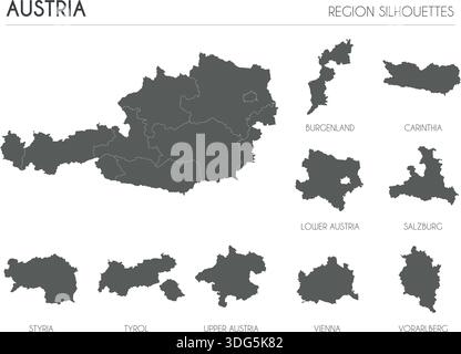 Austria region silhouettes set and blank map of the country isolated on white background. Vector illustration design Stock Vector