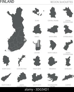 Finland region silhouettes set and blank map of the country isolated on white background. Vector illustration design Stock Vector