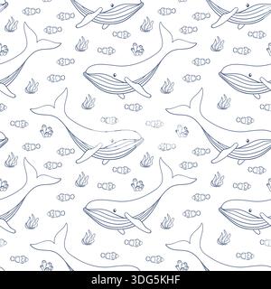 Humpback whale and Clown fish seamless pattern in line art style. Undersea animal background for summer wallpaper design. Stock Vector