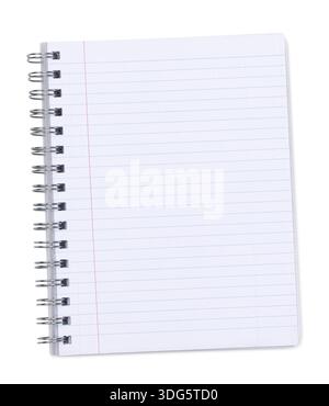 Real photo of spiral notebook showing blank lined paper with a red margin line. Top view, copy space and isolated on a white background. Stock Photo
