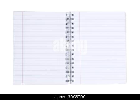 Real photo of spiral notebook displaying empty lined paper sheets for writing purposes. Top view, copy space and isolated on a white background. Stock Photo