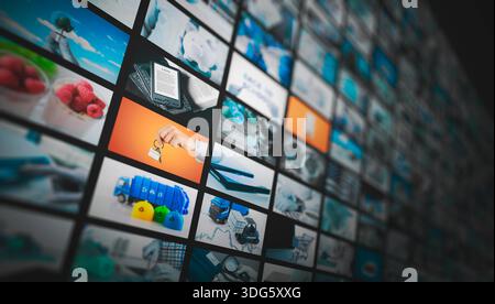 Media concept video wall with small screens, streaming service or VOD concept Stock Photo