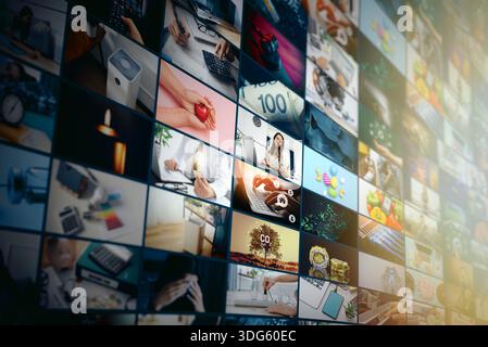 Media concept video wall with small screens, streaming service or VOD concept Stock Photo