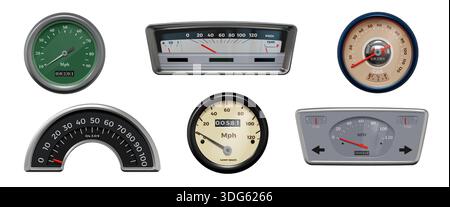Vintage car speedometer. 3D dashboard panel. Retro control arrow or realistic gauge thermometer. Auto speed measurement instrument. Motorcycle tachometer. Scale display design. Vector isolated set Stock Vector