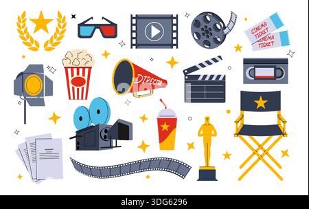 Cinema icons. Movie film camera, popcorn and clapperboard tape bobbin. Ticket, hollywood oscar clapper poster design, cinematography collection. Vector cartoon flat isolated illustration media art set Stock Vector