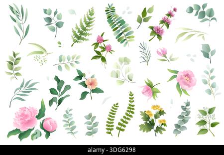 Watercolor flowers. Pink peony and roses. Green leaves and branches. Botanical decorative natural isolated elements. Wedding elegant decor. Garden plant, spring summer flora. Vector illustration Stock Vector