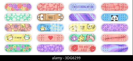 Cute band aid. Medical sticker with funny kids print. Motivational plaster or kawaii retro medicine fix adhesive tape. Positive care. Abstract ornament. Wound bandage. Vector color cartoon patches set Stock Vector
